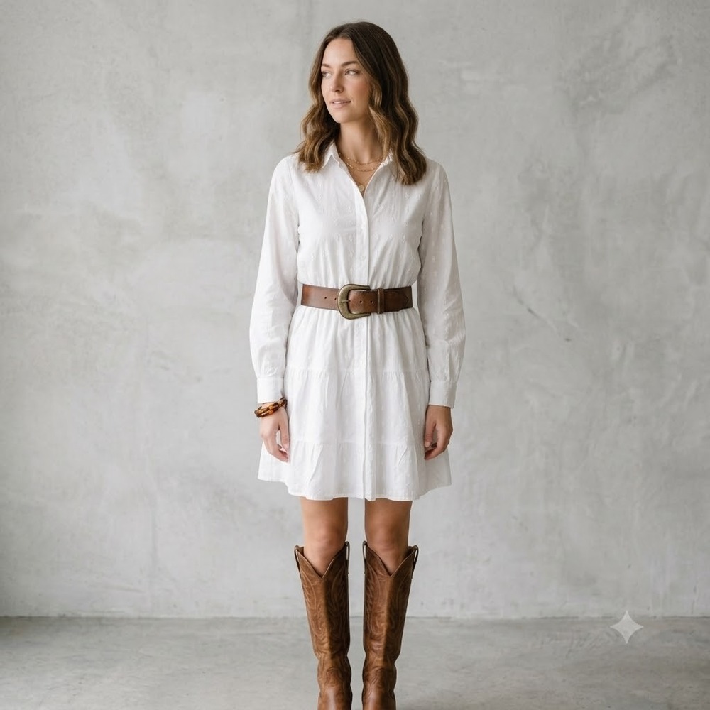 Sim & Sam Shirt Dress Womens White Cotton Dobby Tiered Elastic Waistโ Medium